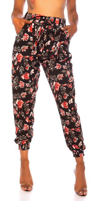 Trendy high waist pants with flower print Black